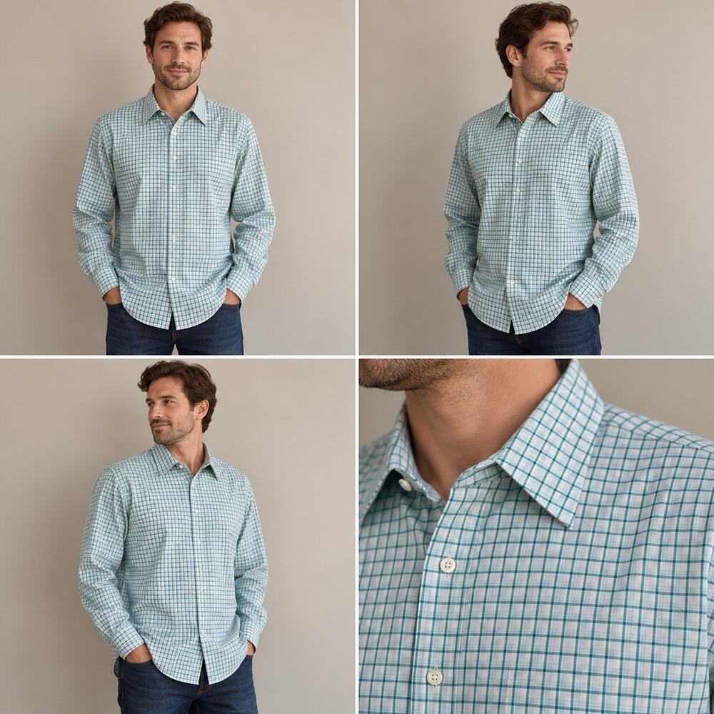 Lands End Regular Fit Shirt Mens XL 17-17.5 34/35 Teal White Check Long Sleeve